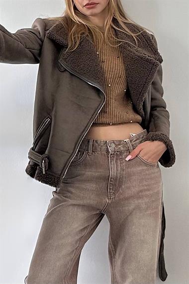 Toptan Haki Apoletli Kürklü Ceket