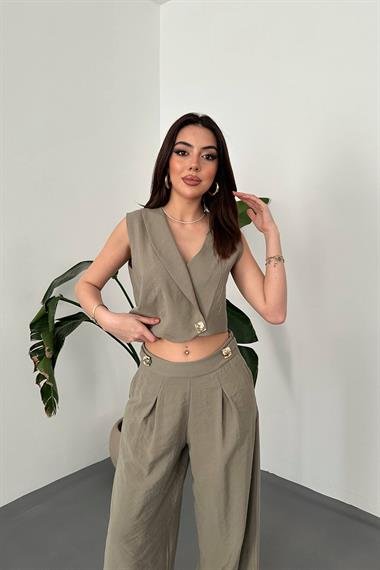 Toptan Haki Asimetrik Yelek Ve Pantolon Takım