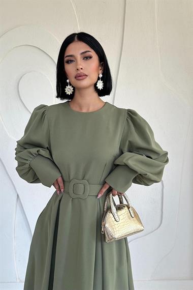 Toptan Haki Balon Kollu Kemerli Elbise