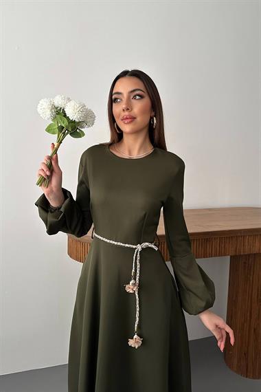 Toptan Haki Balon Kollu Kuşaklı Elbise