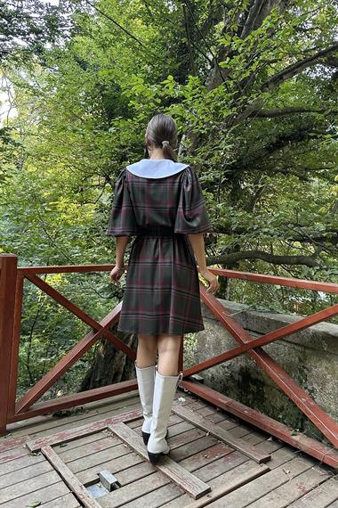 Toptan Haki Bebe Yaka Ekose Elbise