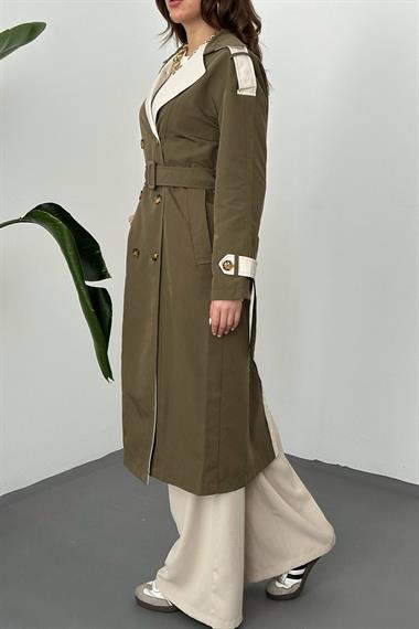 Toptan Haki Bej Arkası Çizgili ve Kemerli Trençkot