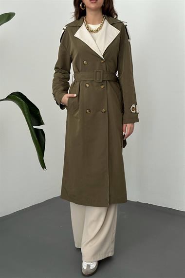 Toptan Haki Bej Arkası Çizgili ve Kemerli Trençkot
