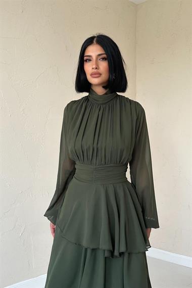 Toptan Haki Bel Detaylı Elbise