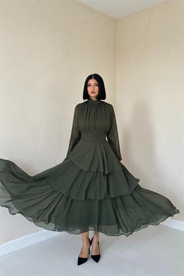 Toptan Haki Bel Detaylı Elbise