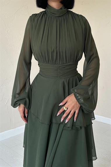 Toptan Haki Bel Detaylı Elbise