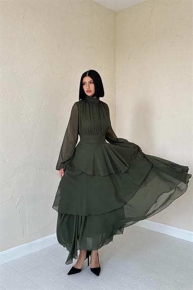 Toptan Haki Bel Detaylı Elbise