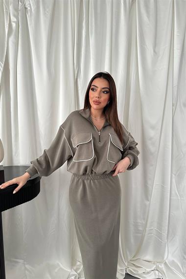 Toptan Haki Biyeli Sweatshirt ve Etek Takım