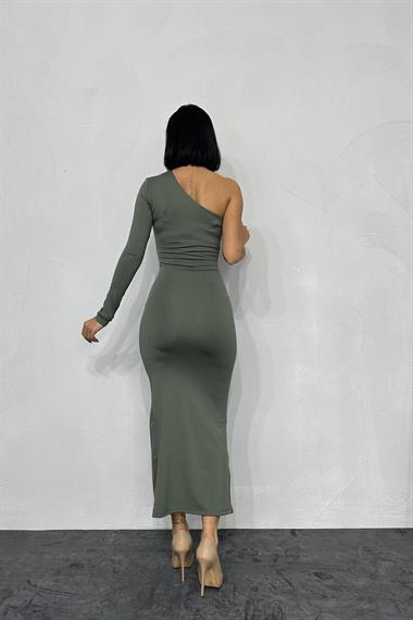 Toptan Haki Büzgü Detaylı Tek Omuz Elbise