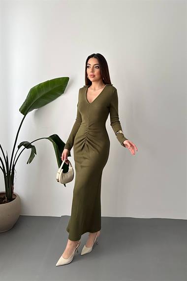 Toptan Haki Büzgülü Triko Balık Elbise