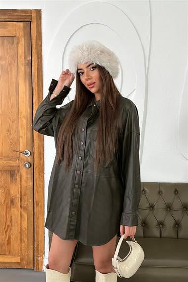 Toptan Haki Çıtçıt Kapama Cepli Deri Ceket