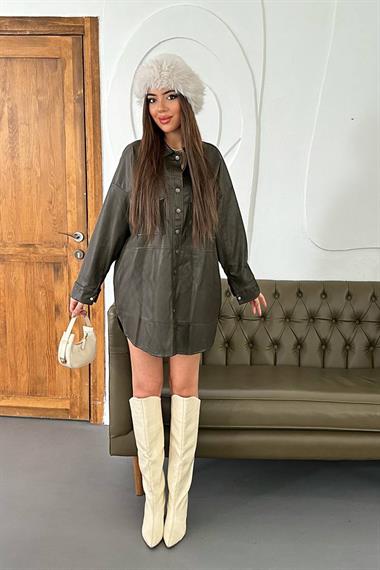 Toptan Haki Çıtçıt Kapama Cepli Deri Ceket