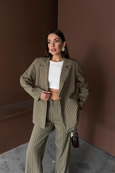 Toptan Haki Çizgili Ceket Ve Pantolon Takım