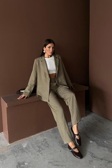 Toptan Haki Çizgili Ceket Ve Pantolon Takım