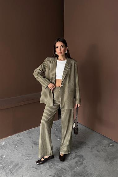 Toptan Haki Çizgili Ceket Ve Pantolon Takım