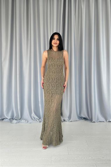 Toptan Haki Dantelli Kolsuz Elbise