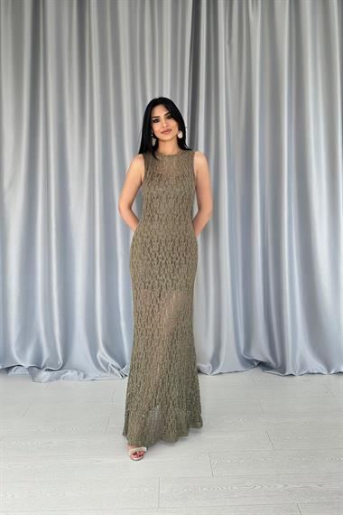 Toptan Haki Dantelli Kolsuz Elbise