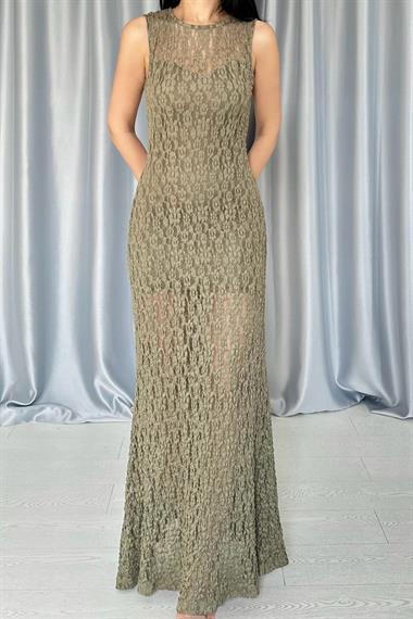 Toptan Haki Dantelli Kolsuz Elbise