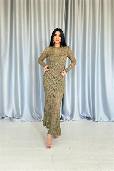 Toptan Haki Dantelli Uzun Kollu Elbise