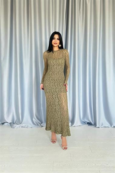 Toptan Haki Dantelli Uzun Kollu Elbise