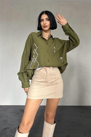 Toptan Haki Diamond Desen Taşlı Gömlek