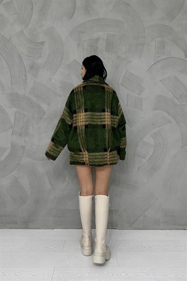 Toptan Haki Düğmeli Ekoseli Kadın Kaban
