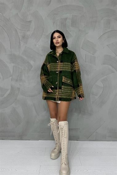 Toptan Haki Düğmeli Ekoseli Kadın Kaban