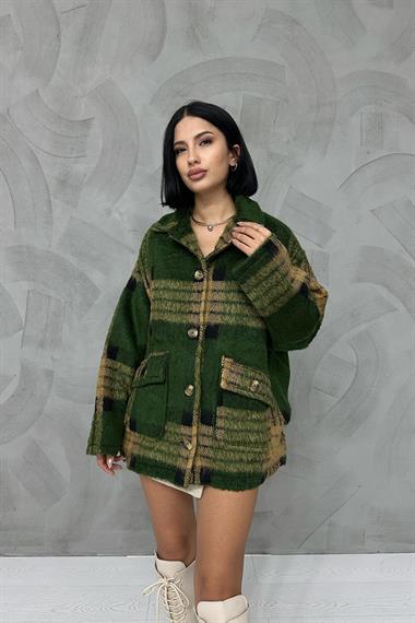 Toptan Haki Düğmeli Ekoseli Kadın Kaban