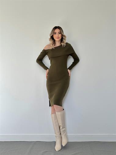 Toptan Haki Düşük Omuz Mini Triko Elbise