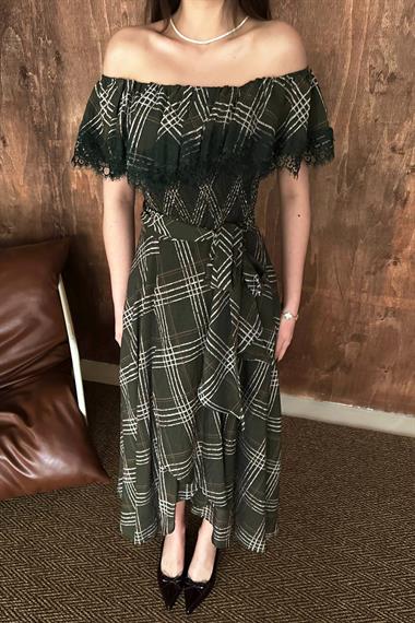 Toptan Haki Ekoseli Dantelli Elbise