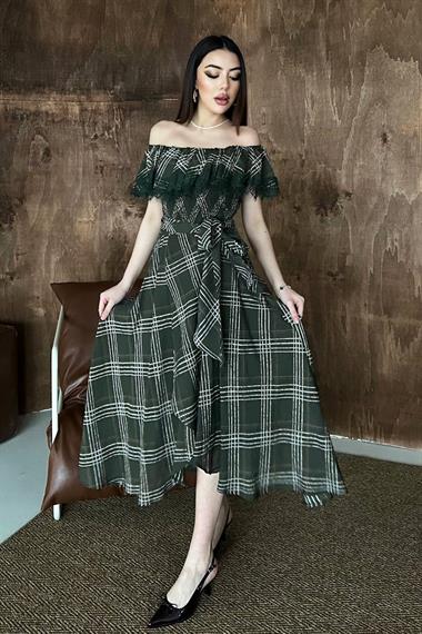 Toptan Haki Ekoseli Dantelli Elbise