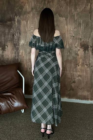 Toptan Haki Ekoseli Dantelli Elbise