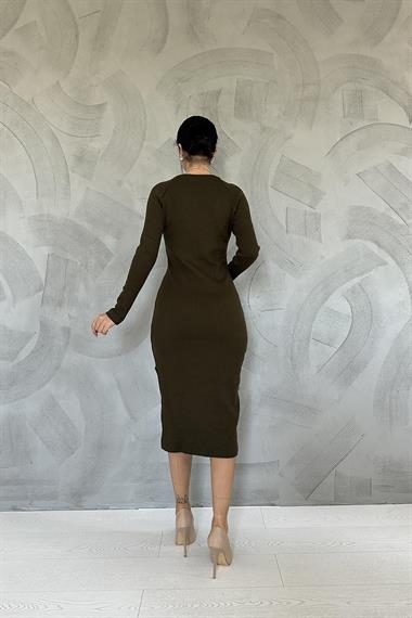 Toptan Haki Eteği Yırtmaçlı Triko Elbise