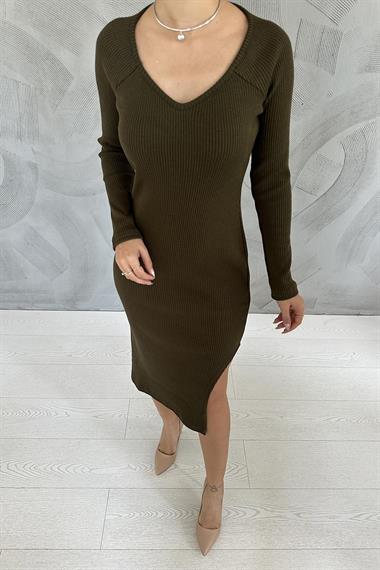 Toptan Haki Eteği Yırtmaçlı Triko Elbise