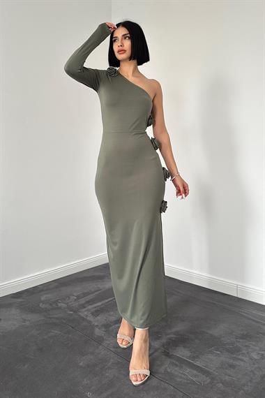 Toptan Haki Güllü Tek Kol Elbise