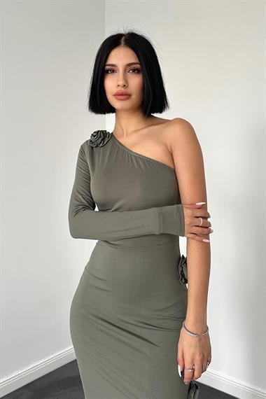 Toptan Haki Güllü Tek Kol Elbise