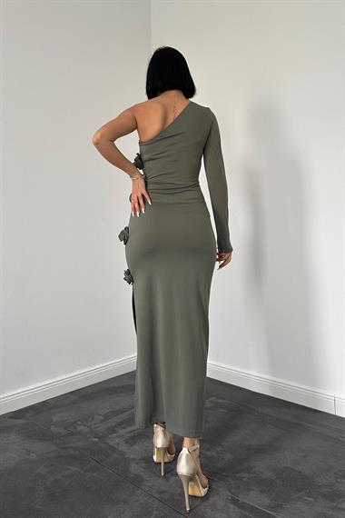 Toptan Haki Güllü Tek Kol Elbise