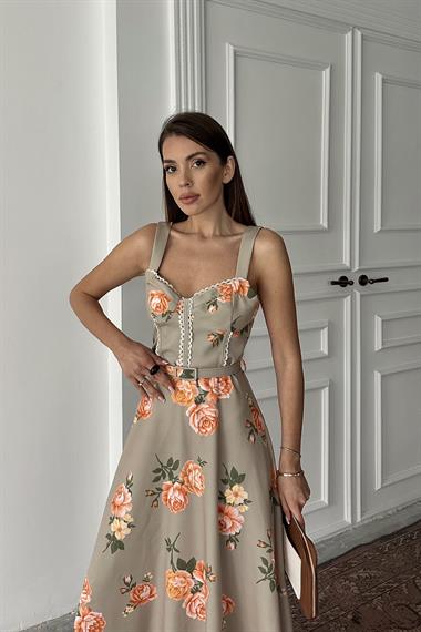 Toptan Haki İnce Kemer Detaylı Elbise