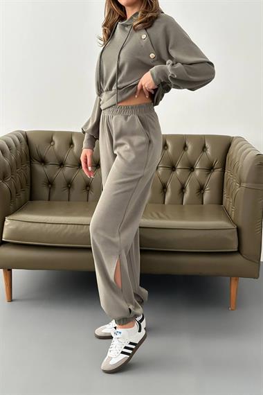 Toptan Haki Kapüşonlu Sweatshirt ve Kargo Pantolon Takım