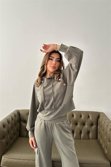Toptan Haki Kapüşonlu Sweatshirt ve Kargo Pantolon Takım