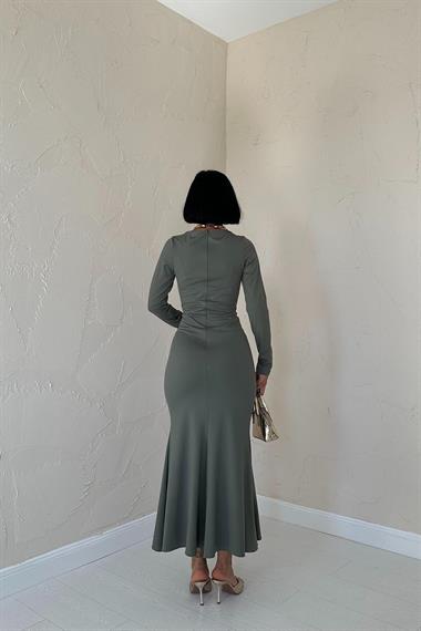 Toptan Haki Kare Yaka Klasik Elbise