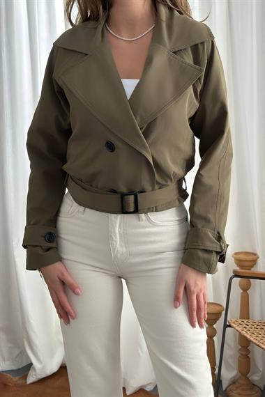 Toptan Haki Kemerli Kısa Trech Ceket