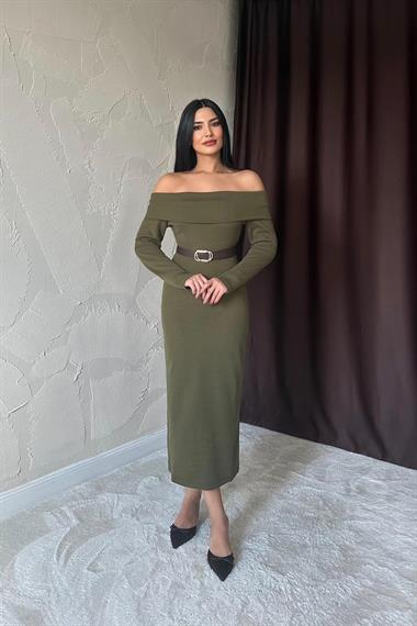 Toptan Haki Kemerli Triko Elbise