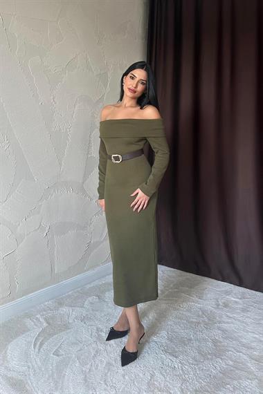 Toptan Haki Kemerli Triko Elbise
