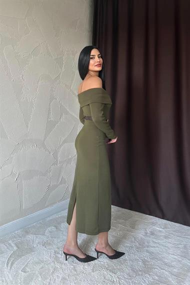 Toptan Haki Kemerli Triko Elbise
