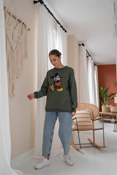 Wholesale Khaki Mickey Mouse Patterned Sweatshirt