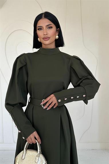 Toptan Haki Omuzları Vatkalı Kemerli Elbise