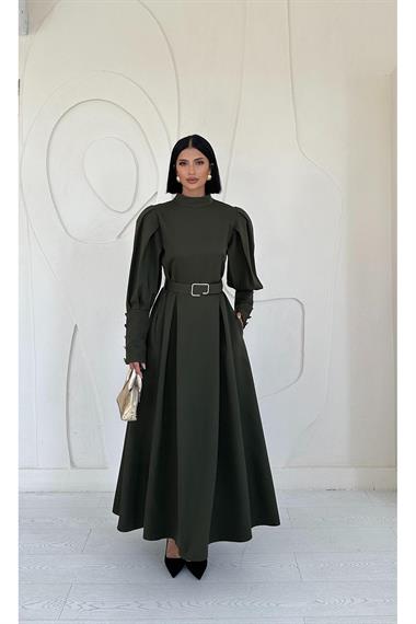 Toptan Haki Omuzları Vatkalı Kemerli Elbise
