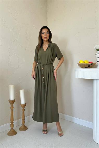 Toptan Haki Salaş Keten Elbise