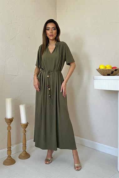 Toptan Haki Salaş Keten Elbise
